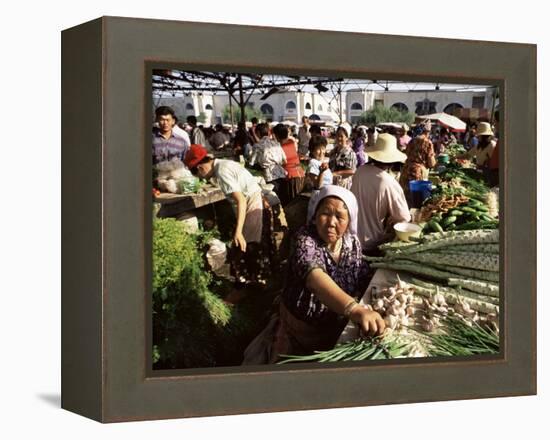 Vegetable Seller, Osh Bazaar, Bishkek, Kyrgyzstan, Central Asia-Upperhall-Framed Premier Image Canvas