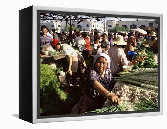 Vegetable Seller, Osh Bazaar, Bishkek, Kyrgyzstan, Central Asia-Upperhall-Framed Premier Image Canvas