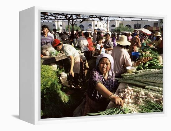 Vegetable Seller, Osh Bazaar, Bishkek, Kyrgyzstan, Central Asia-Upperhall-Framed Premier Image Canvas