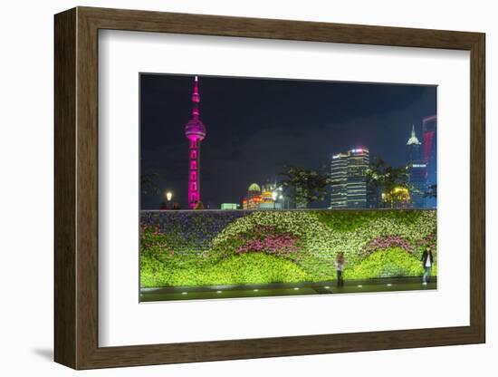 Vegetal Wall on the Bund and View over Pudong Financial District Skyline at Night, Shanghai, China-G & M Therin-Weise-Framed Photographic Print