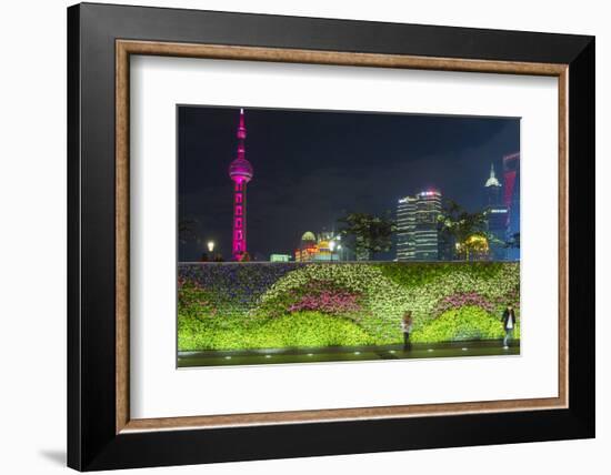 Vegetal Wall on the Bund and View over Pudong Financial District Skyline at Night, Shanghai, China-G & M Therin-Weise-Framed Photographic Print