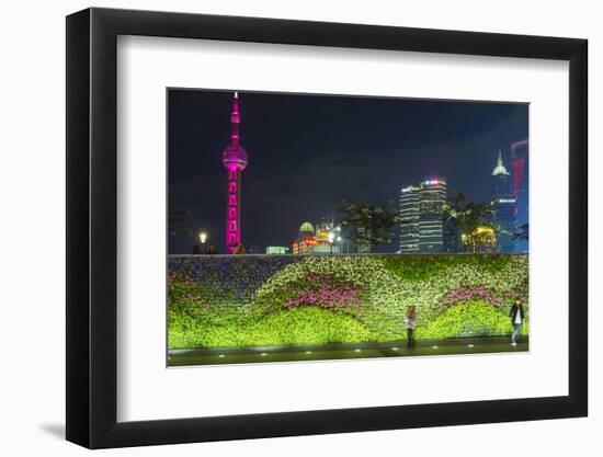 Vegetal Wall on the Bund and View over Pudong Financial District Skyline at Night, Shanghai, China-G & M Therin-Weise-Framed Photographic Print