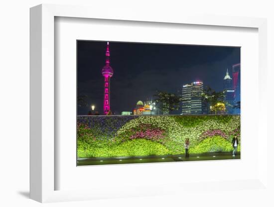 Vegetal Wall on the Bund and View over Pudong Financial District Skyline at Night, Shanghai, China-G & M Therin-Weise-Framed Photographic Print