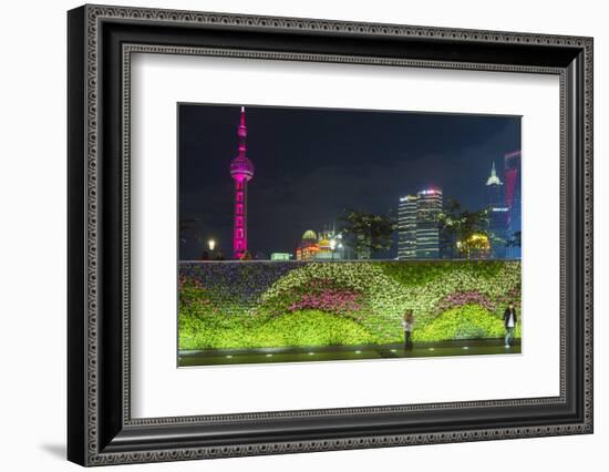 Vegetal Wall on the Bund and View over Pudong Financial District Skyline at Night, Shanghai, China-G & M Therin-Weise-Framed Photographic Print