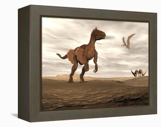 Velociraptor Dinosaur in Desert Landscape with Two Pteranodon Birds-null-Framed Stretched Canvas