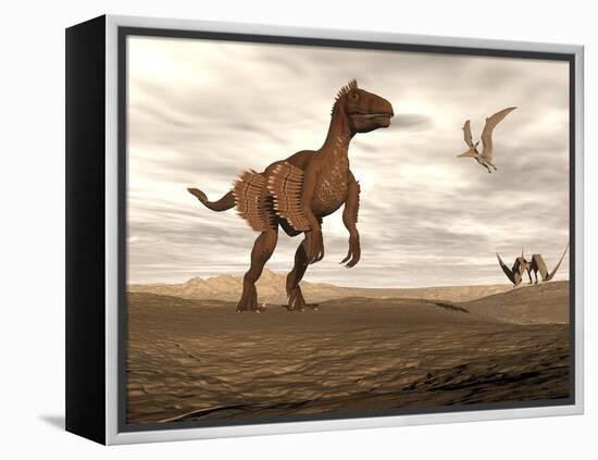 Velociraptor Dinosaur in Desert Landscape with Two Pteranodon Birds-null-Framed Stretched Canvas