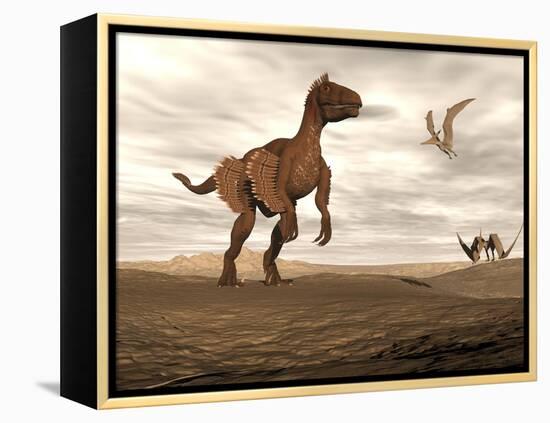 Velociraptor Dinosaur in Desert Landscape with Two Pteranodon Birds-null-Framed Stretched Canvas