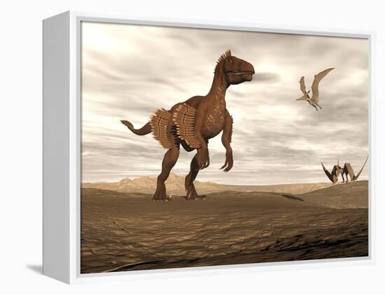 Velociraptor Dinosaur in Desert Landscape with Two Pteranodon Birds-null-Framed Stretched Canvas