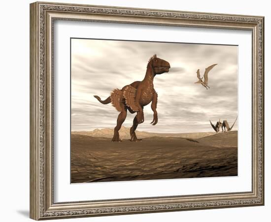 Velociraptor Dinosaur in Desert Landscape with Two Pteranodon Birds-null-Framed Art Print