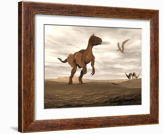 Velociraptor Dinosaur in Desert Landscape with Two Pteranodon Birds-null-Framed Art Print