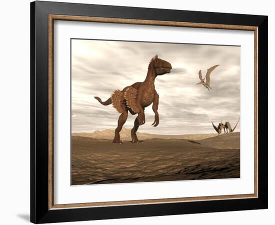 Velociraptor Dinosaur in Desert Landscape with Two Pteranodon Birds-null-Framed Art Print