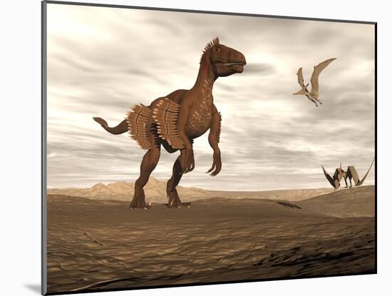 Velociraptor Dinosaur in Desert Landscape with Two Pteranodon Birds-null-Mounted Art Print