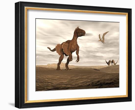 Velociraptor Dinosaur in Desert Landscape with Two Pteranodon Birds-null-Framed Art Print