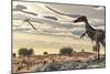 Velociraptor Dinosaur Observing a Pteranodon Flying over the Desert-Stocktrek Images-Mounted Art Print