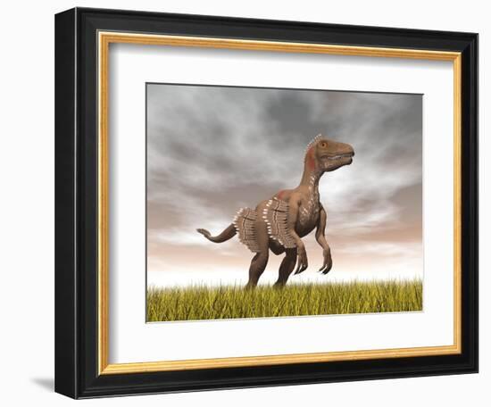 Velociraptor Dinosaur Standing in the Yellow Grass-null-Framed Premium Giclee Print