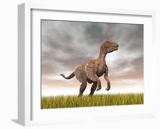 Velociraptor Dinosaur Standing in the Yellow Grass-null-Framed Art Print