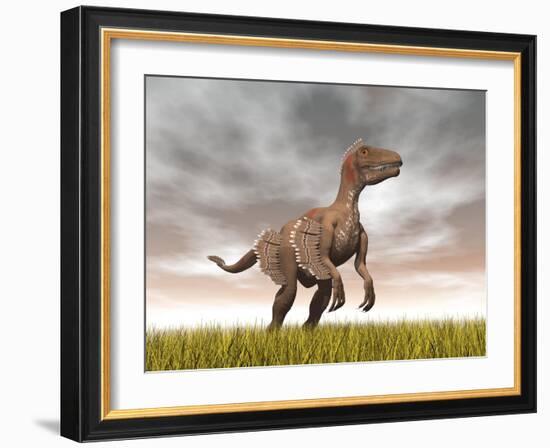 Velociraptor Dinosaur Standing in the Yellow Grass-null-Framed Art Print