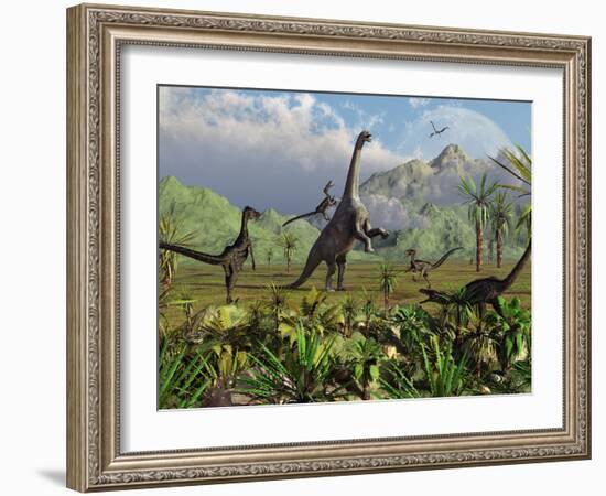 Velociraptor Dinosaurs Attack a Camarasaurus for their Next Meal-Stocktrek Images-Framed Photographic Print