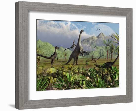 Velociraptor Dinosaurs Attack a Camarasaurus for their Next Meal-Stocktrek Images-Framed Photographic Print