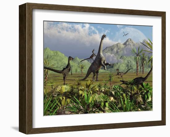 Velociraptor Dinosaurs Attack a Camarasaurus for their Next Meal-Stocktrek Images-Framed Photographic Print