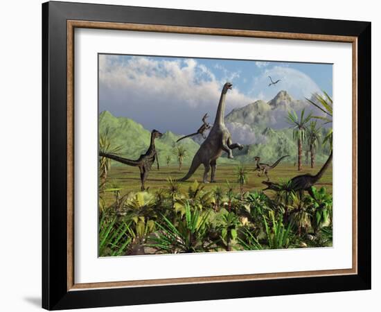 Velociraptor Dinosaurs Attack a Camarasaurus for their Next Meal-Stocktrek Images-Framed Photographic Print