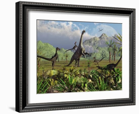 Velociraptor Dinosaurs Attack a Camarasaurus for their Next Meal-Stocktrek Images-Framed Photographic Print