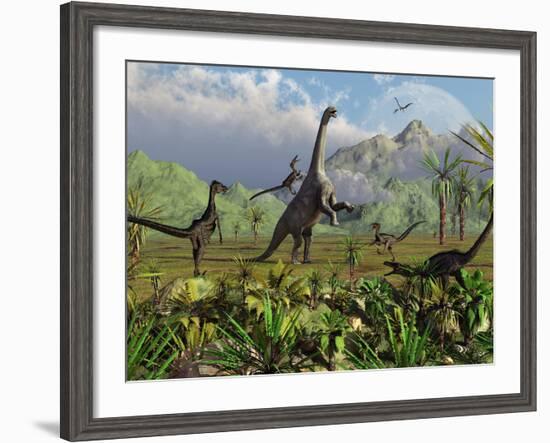 Velociraptor Dinosaurs Attack a Camarasaurus for their Next Meal-Stocktrek Images-Framed Photographic Print