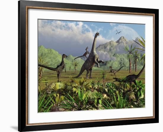 Velociraptor Dinosaurs Attack a Camarasaurus for their Next Meal-Stocktrek Images-Framed Photographic Print