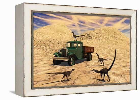 Velociraptors React Curiously to a 1930's American Pickup Truck-null-Framed Stretched Canvas