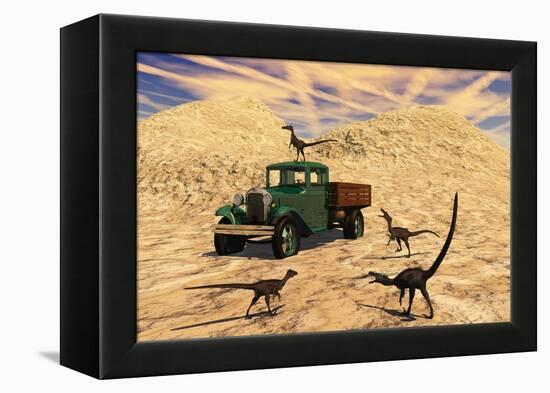 Velociraptors React Curiously to a 1930's American Pickup Truck-null-Framed Stretched Canvas