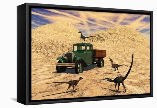 Velociraptors React Curiously to a 1930's American Pickup Truck-null-Framed Stretched Canvas