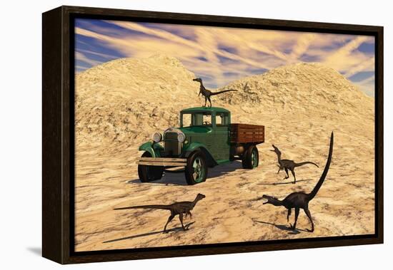 Velociraptors React Curiously to a 1930's American Pickup Truck-null-Framed Stretched Canvas