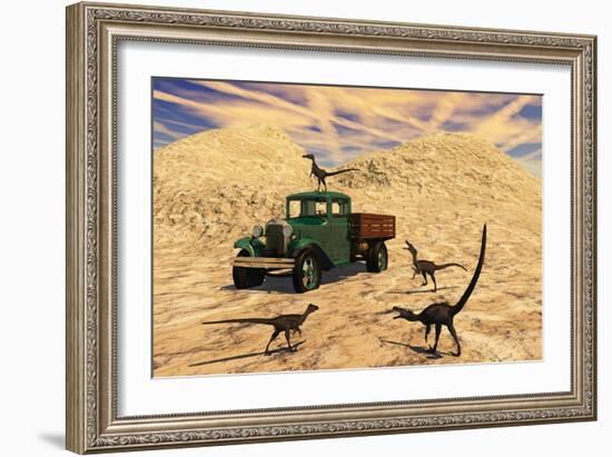 Velociraptors React Curiously to a 1930's American Pickup Truck-null-Framed Art Print