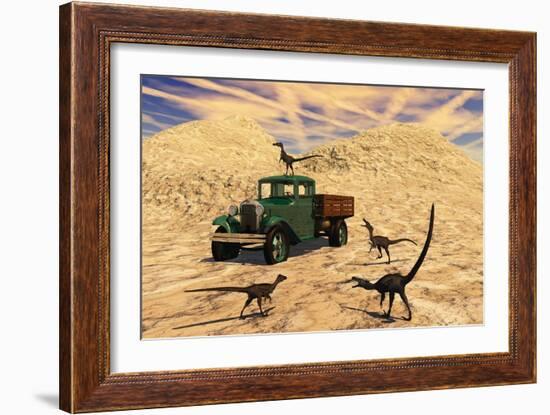 Velociraptors React Curiously to a 1930's American Pickup Truck-null-Framed Art Print