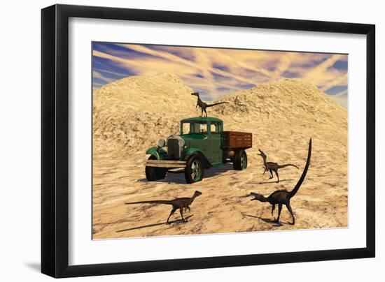 Velociraptors React Curiously to a 1930's American Pickup Truck-null-Framed Art Print