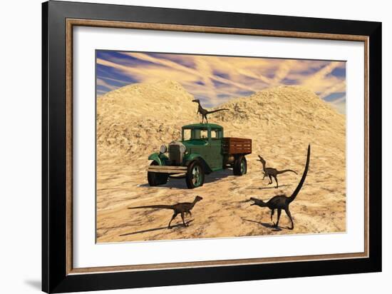 Velociraptors React Curiously to a 1930's American Pickup Truck-null-Framed Art Print