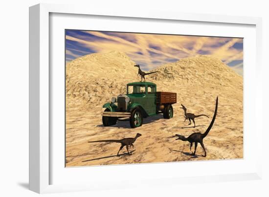 Velociraptors React Curiously to a 1930's American Pickup Truck-null-Framed Art Print