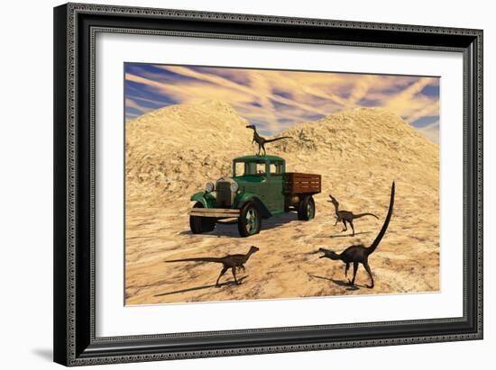 Velociraptors React Curiously to a 1930's American Pickup Truck-null-Framed Art Print