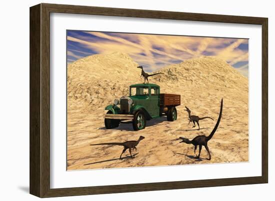 Velociraptors React Curiously to a 1930's American Pickup Truck-null-Framed Premium Giclee Print