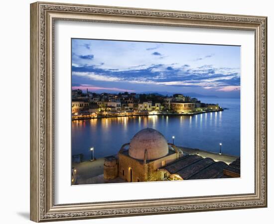 Venetian Harbour and Mosque of the Janissaries at Dusk, Chania (Hania), Chania Region, Crete, Greek-Stuart Black-Framed Photographic Print