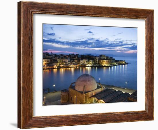 Venetian Harbour and Mosque of the Janissaries at Dusk, Chania (Hania), Chania Region, Crete, Greek-Stuart Black-Framed Photographic Print