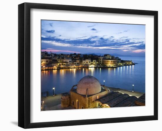 Venetian Harbour and Mosque of the Janissaries at Dusk, Chania (Hania), Chania Region, Crete, Greek-Stuart Black-Framed Photographic Print