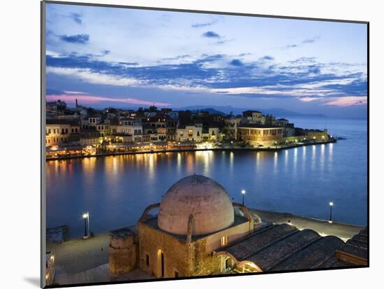 Venetian Harbour and Mosque of the Janissaries at Dusk, Chania (Hania), Chania Region, Crete, Greek-Stuart Black-Mounted Photographic Print