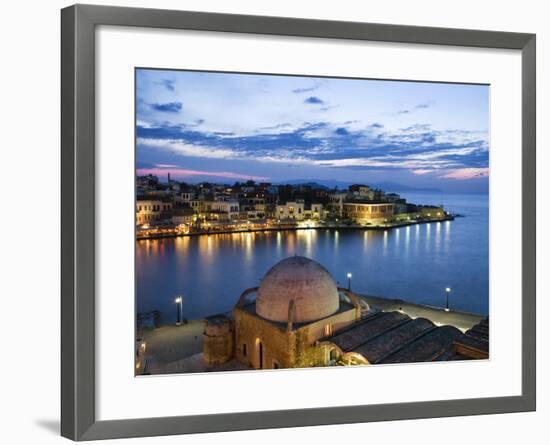 Venetian Harbour and Mosque of the Janissaries at Dusk, Chania (Hania), Chania Region, Crete, Greek-Stuart Black-Framed Photographic Print