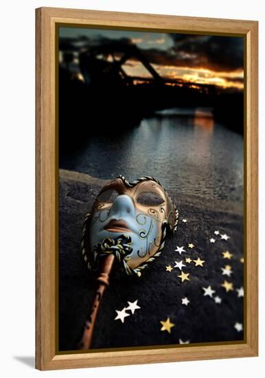 Venetian Mask By The River Bridge With Sunset-passigatti-Framed Stretched Canvas