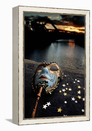 Venetian Mask By The River Bridge With Sunset-passigatti-Framed Stretched Canvas