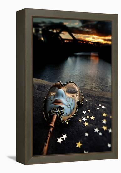 Venetian Mask By The River Bridge With Sunset-passigatti-Framed Stretched Canvas