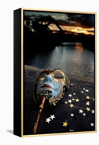 Venetian Mask By The River Bridge With Sunset-passigatti-Framed Stretched Canvas