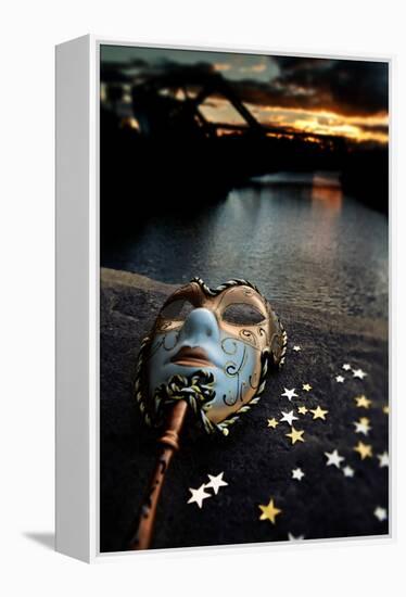 Venetian Mask By The River Bridge With Sunset-passigatti-Framed Stretched Canvas