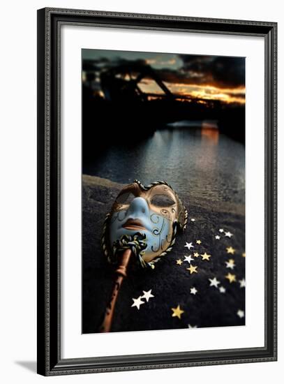 Venetian Mask By The River Bridge With Sunset-passigatti-Framed Premium Giclee Print